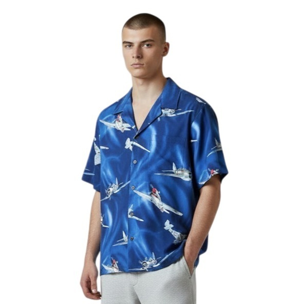 RJC Hawaiian Shirt Mens L Blue Skies WWII Military Fighter Bomber Airplanes USA